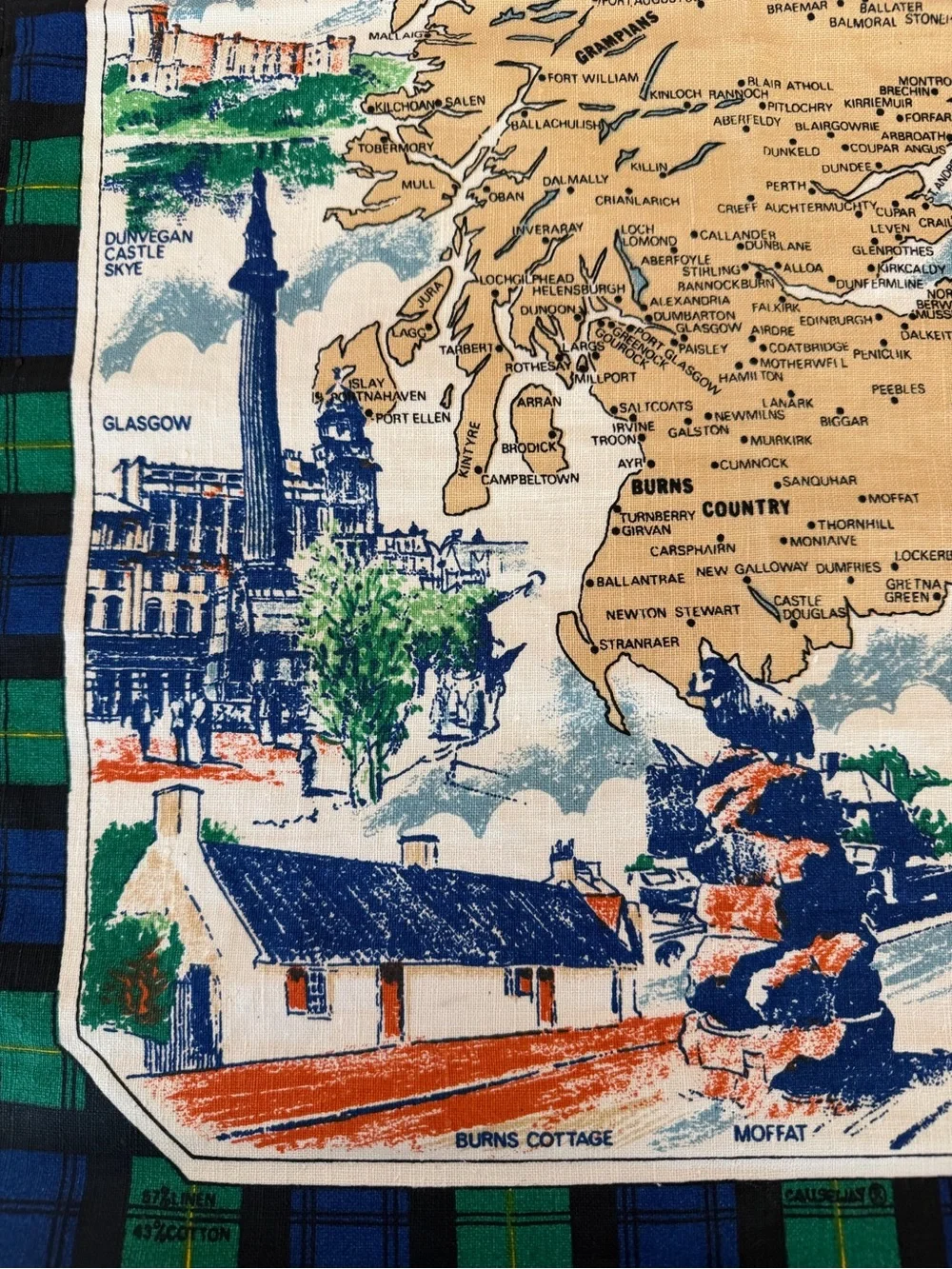 Vintage Maurice Oliphant Scotland Map Tea Towel Wall Hanging Tartan - Made in UK